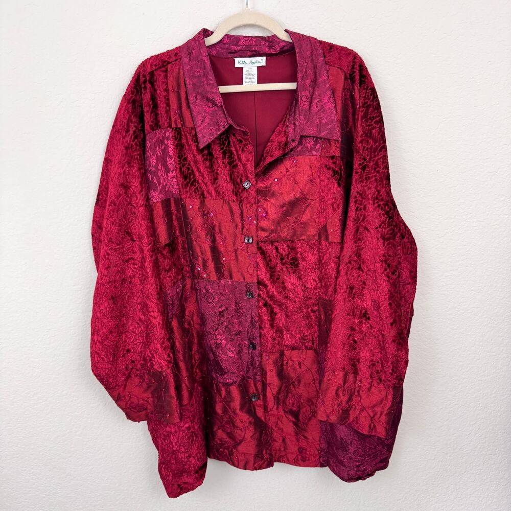 Ulla Popken Womens Button Front Top Size 28 / 30 Beaded Velvet Floral Artsy Red